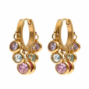 Gold Plated Stainless Steel Hoop Dangle Earrings With Charms-Gold Multicolor